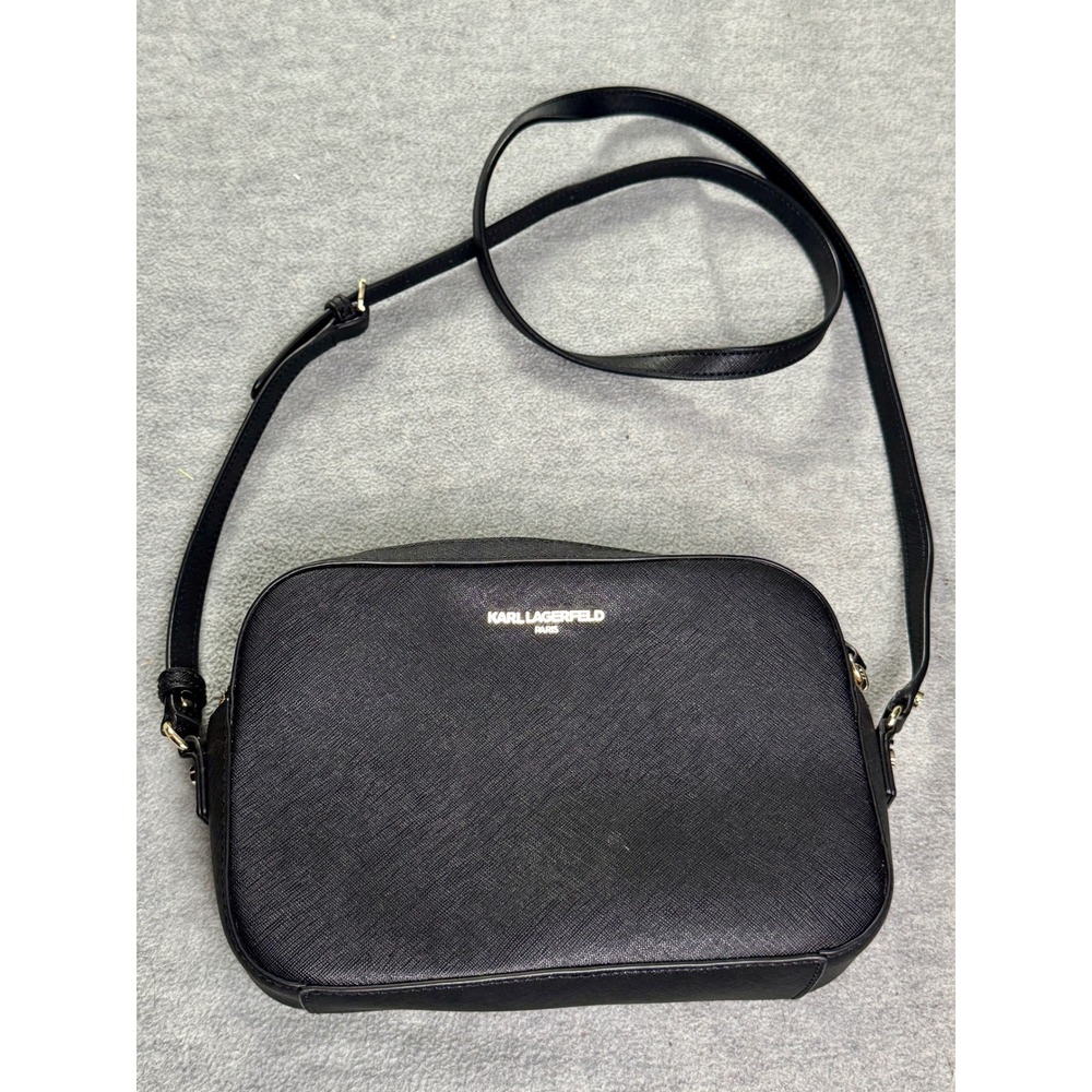 Karl Lagerfeld Paris Black Saffiano Leather Crossbody Camera Bag Gold Hardware